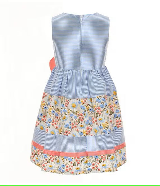 Little Girls 2T-16 Sleeveless Mixed-Media Striped/Floral Fit-And-Flare Dress