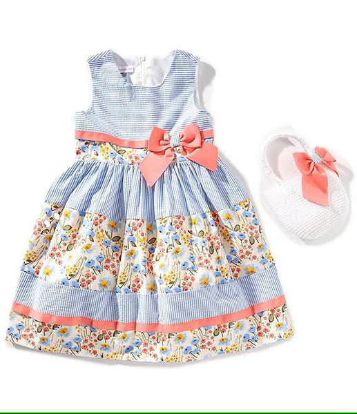 Little Girls 2T-16 Sleeveless Mixed-Media Striped/Floral Fit-And-Flare Dress