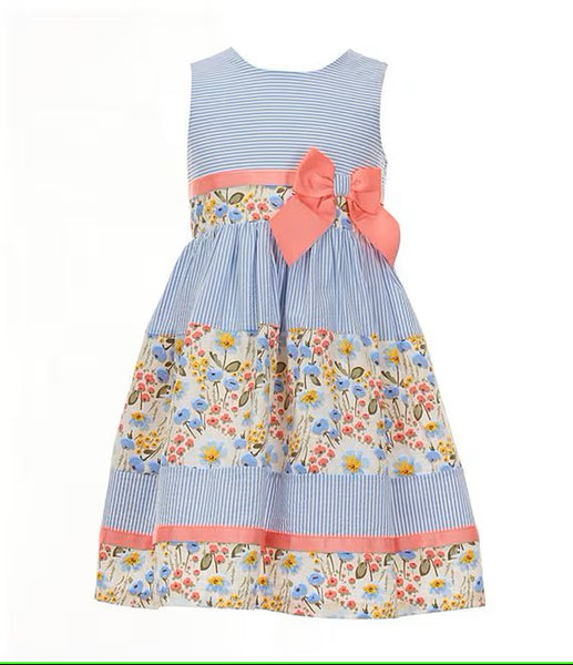 Little Girls 2T-16 Sleeveless Mixed-Media Striped/Floral Fit-And-Flare Dress