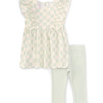 Little Girls 2T-6X Ruffle-Sleeve Checked Woven Gauze Pinafore Dress & Solid Knit Capri Leggings Set 12178