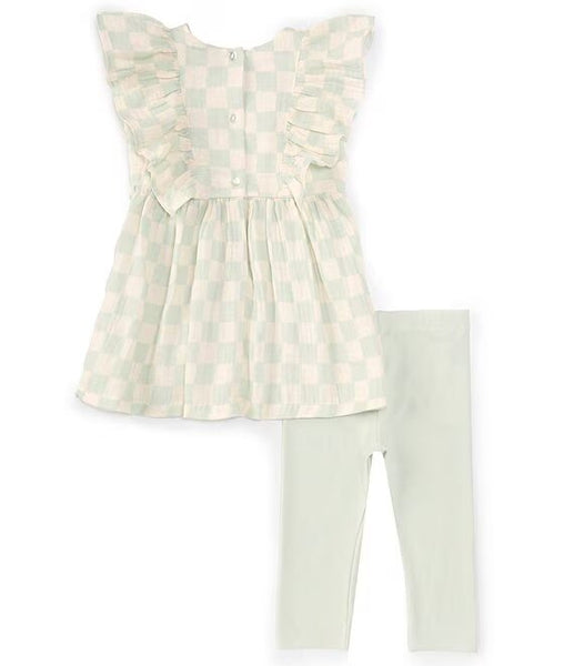 Little Girls 2T-6X Ruffle-Sleeve Checked Woven Gauze Pinafore Dress & Solid Knit Capri Leggings Set 12178