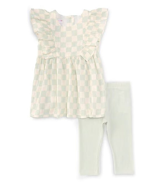 Little Girls 2T-6X Ruffle-Sleeve Checked Woven Gauze Pinafore Dress & Solid Knit Capri Leggings Set 12178