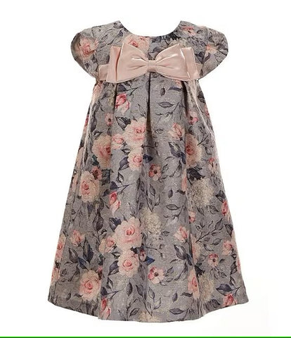 Baby Girls Newborn-24 Months Petal Sleeve Floral Printed Metallic Jacquard Trapeze Dress 11886