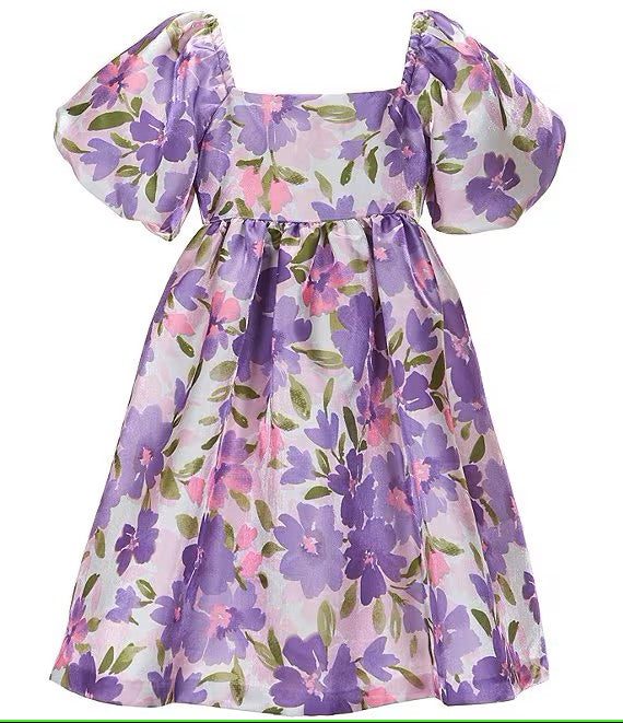 Big Girls 2-16 Puffed-Sleeve Floral-Printed Satin Fit & Flare Dress