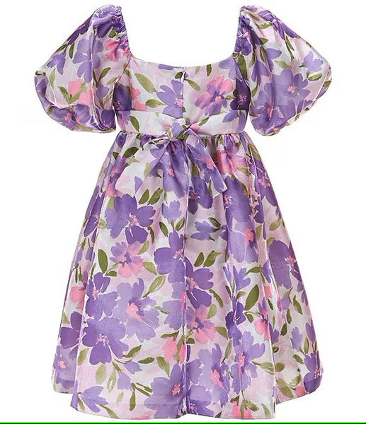 Big Girls 2-16 Puffed-Sleeve Floral-Printed Satin Fit & Flare Dress
