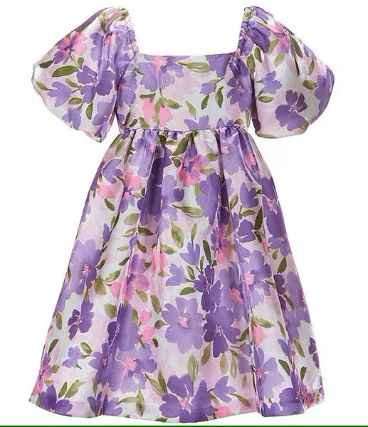 Big Girls 2-16 Puffed-Sleeve Floral-Printed Satin Fit & Flare Dress