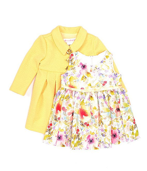 Copy of Baby Girls Newborn-24 Months Textured-Knit Yellow Coat & Sleeveless Shantung Floral Fit-And-Flare Dress Set 10986