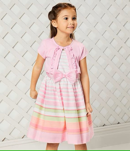 Short Sleeve Solid Cardigan & Multi Stripe Dress R4-12268