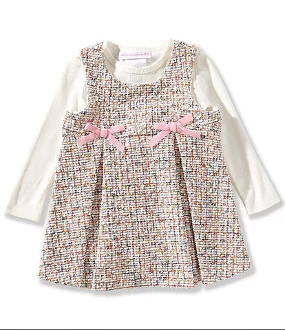 Baby Girls Sleeveless Boucle Knit Patterned Jumper Dress & Long-Sleeve Rib-Knit Top25-W5-14837