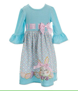 Little Girls 2T-6X 3/4 Sleeve Pull Through Ribbon Bodice Bunny Dress 12149