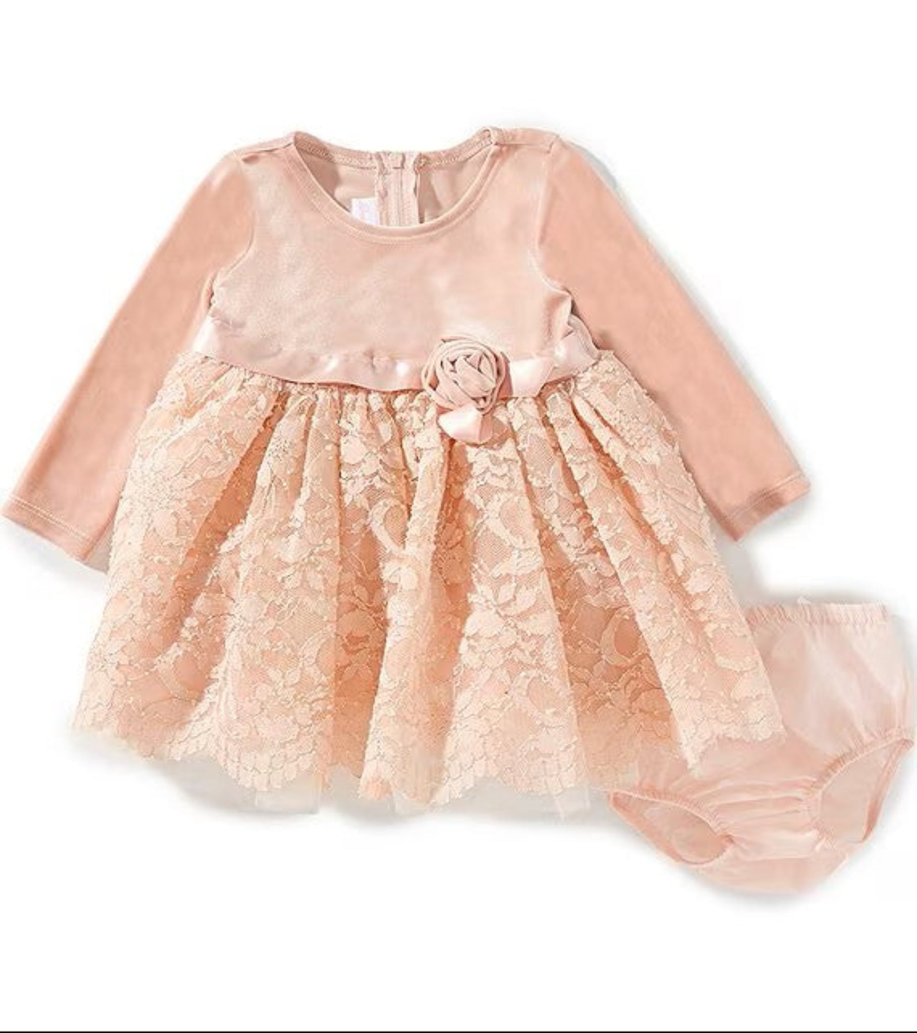 Baby Girls Long-Sleeve Velvet-Bodice/Foiled-Lace-Skirted Fit-And-Flare Dress 25-14836