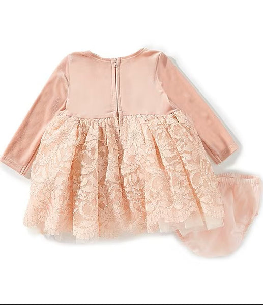 Baby Girls Long-Sleeve Velvet-Bodice/Foiled-Lace-Skirted Fit-And-Flare Dress 25-14836