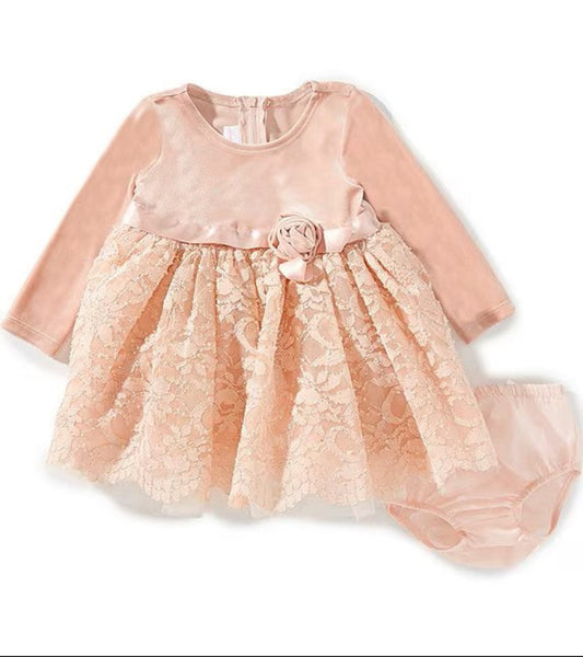 Baby Girls Long-Sleeve Velvet-Bodice/Foiled-Lace-Skirted Fit-And-Flare Dress 25-14836