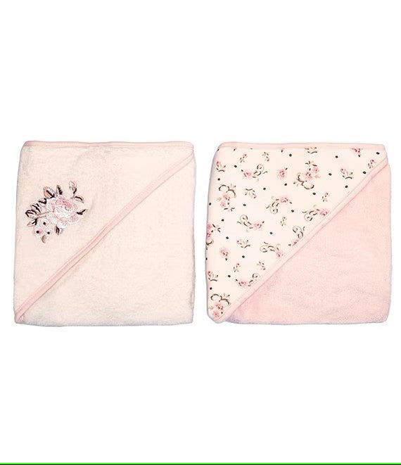 Baby Girls Floral Embroidered Motif/Vintage Rose Printed Hooded Towel 2-Pack 49751