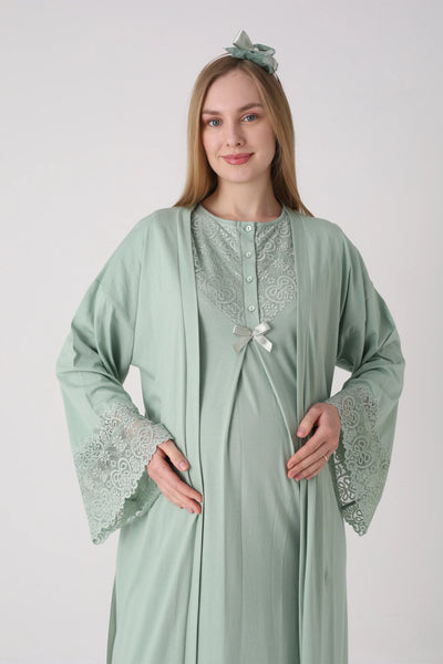 Maternity Nightgown Set - Maternity and Postpartum Nightgown and Robe Set of 2 with Guipure Lace Detail on Sleeves - 2331