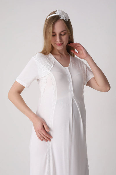 Patterned Textured Maternity Nightgown and Robe with Lace Details, 2-Piece Set - 2334