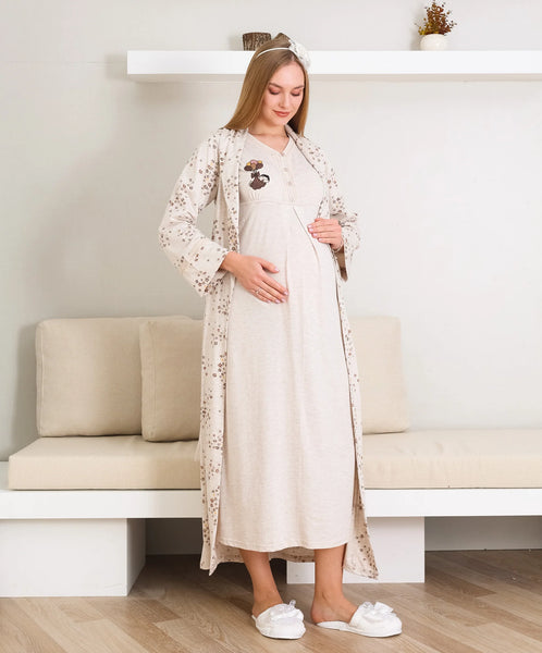 Maternity Nightgown and Dressing Gown / Short Sleeve, Embroidered Nightgown and Patterned Dressing Gown Set - 2289