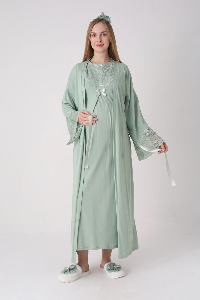 Maternity Nightgown Set - Maternity and Postpartum Nightgown and Robe Set of 2 with Guipure Lace Detail on Sleeves - 2331