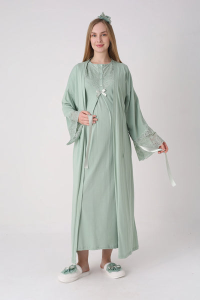 Maternity Nightgown Set - Maternity and Postpartum Nightgown and Robe Set of 2 with Guipure Lace Detail on Sleeves - 2331