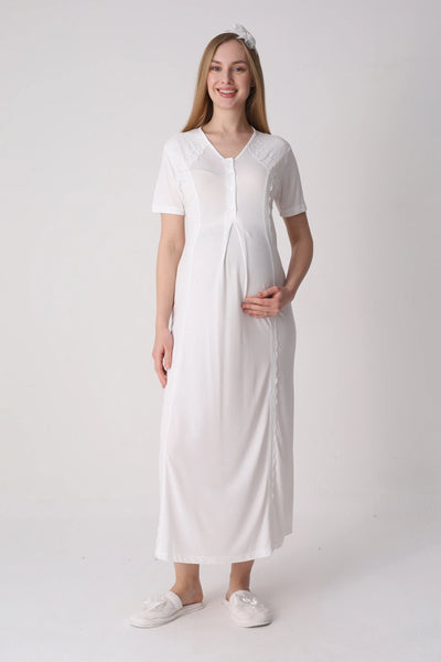 Patterned Textured Maternity Nightgown and Robe with Lace Details, 2-Piece Set - 2334