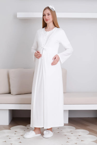 Lace V Neck Maternity & Postpartum Nightgown and Dressing Gown Set - 2292