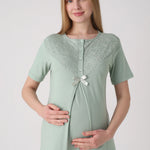 Maternity Nightgown Set - Maternity and Postpartum Nightgown and Robe Set of 2 with Guipure Lace Detail on Sleeves - 2331