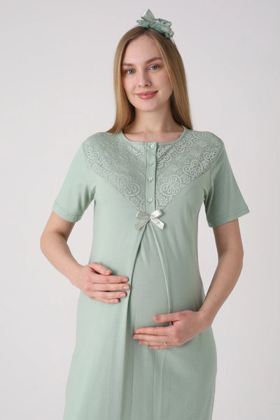 Maternity Nightgown Set - Maternity and Postpartum Nightgown and Robe Set of 2 with Guipure Lace Detail on Sleeves - 2331