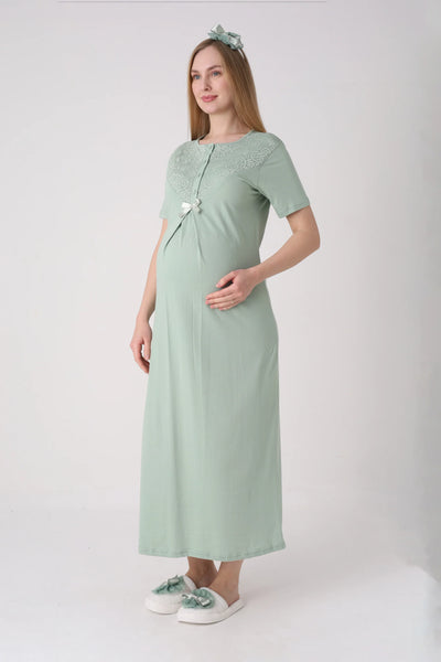 Maternity Nightgown Set - Maternity and Postpartum Nightgown and Robe Set of 2 with Guipure Lace Detail on Sleeves - 2331