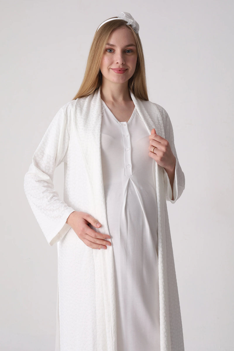 Patterned Textured Maternity Nightgown and Robe with Lace Details, 2-Piece Set - 2334