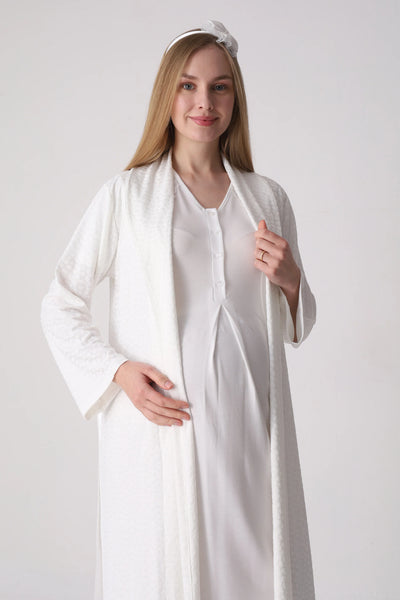 Patterned Textured Maternity Nightgown and Robe with Lace Details, 2-Piece Set - 2334