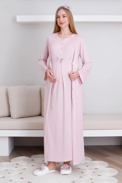 Lace V Neck Maternity & Postpartum Nightgown and Dressing Gown Set - 2292