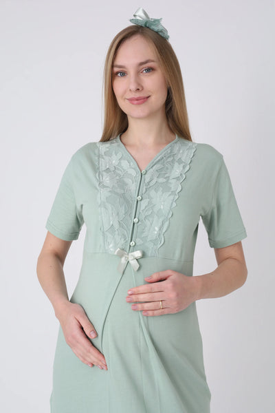Maternity Nightgown and Robe Set – Postpartum Set, Cotton with Wide Lace Sleeves - 2325