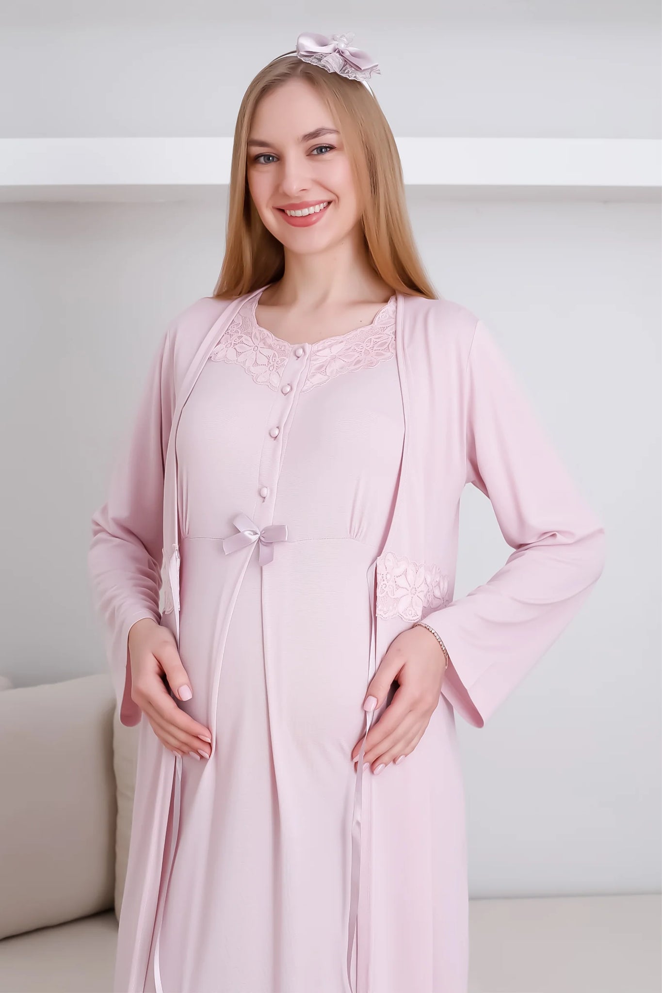 Lace V Neck Maternity & Postpartum Nightgown and Dressing Gown Set - 2292