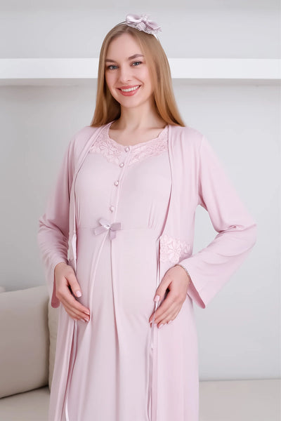 Lace V Neck Maternity & Postpartum Nightgown and Dressing Gown Set - 2292