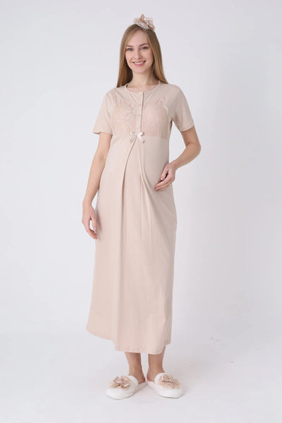 Maternity Nightgown and Robe Set – Postpartum Set, Striped Robe and Cotton Nightgown 26-2322