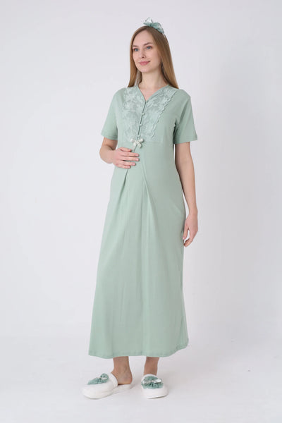 Maternity Nightgown and Robe Set – Postpartum Set, Cotton with Wide Lace Sleeves - 2325