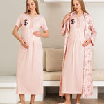 Maternity Nightgown and Dressing Gown / Short Sleeve, Embroidered Nightgown and Patterned Dressing Gown Set - 2289