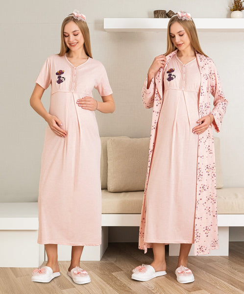 Maternity Nightgown and Dressing Gown / Short Sleeve, Embroidered Nightgown and Patterned Dressing Gown Set - 2289