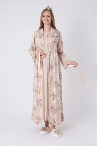 Maternity Nightgown and Robe Set – Postpartum Set, Striped Robe and Cotton Nightgown 26-2322