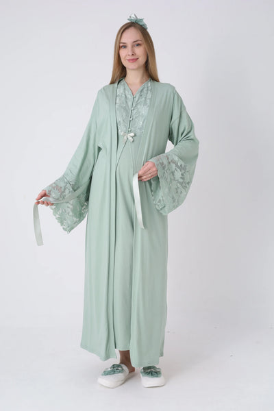 Maternity Nightgown and Robe Set – Postpartum Set, Cotton with Wide Lace Sleeves - 2325