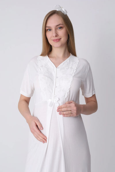 Maternity Nightgown and Robe Set – Postpartum Set, Cotton with Wide Lace Sleeves - 2325