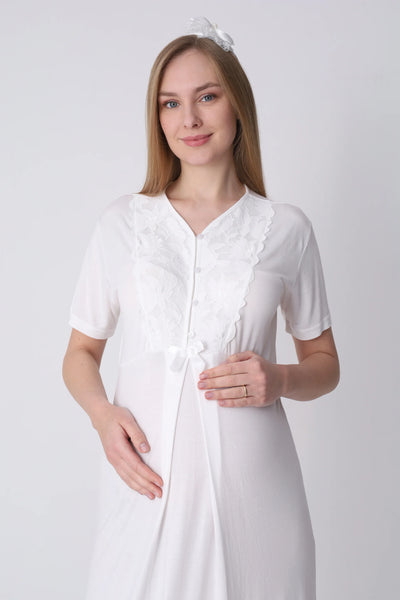 Maternity Nightgown and Robe Set – Postpartum Set, Cotton with Wide Lace Sleeves - 2325