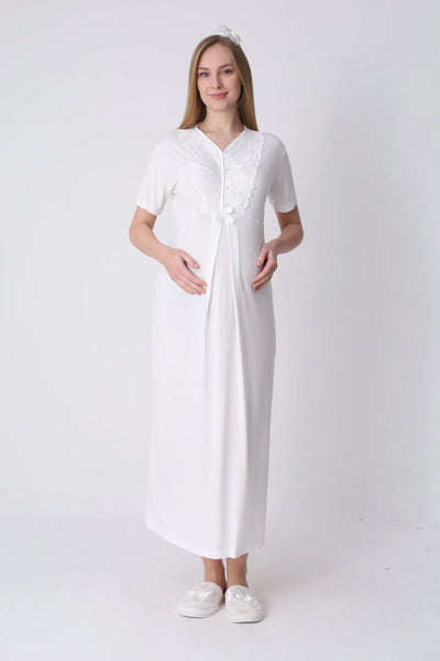 Maternity Nightgown and Robe Set – Postpartum Set, Cotton with Wide Lace Sleeves - 2325