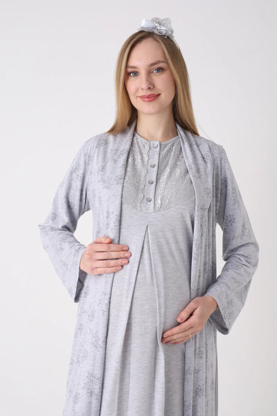 Lace Melange Textured Maternity and Postpartum Nightgown and Robe Set of 26 - 2328