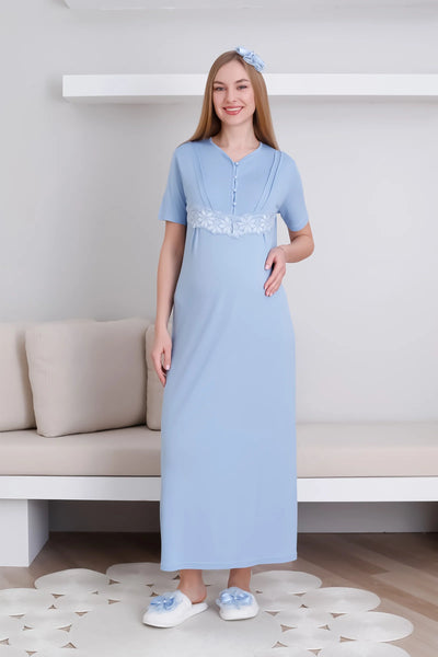 Maternity Nightgown Set Buttoned Front 2-Piece Nightgown and Dressing Gown Set Short Sleeve Nightgown & Long Sleeve Dressing Gown - 2293