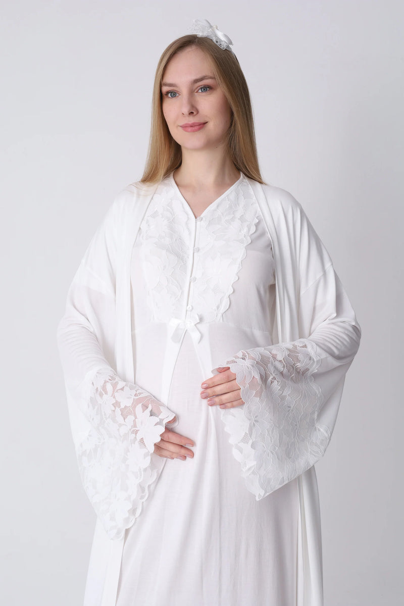 Maternity Nightgown and Robe Set – Postpartum Set, Cotton with Wide Lace Sleeves - 2325