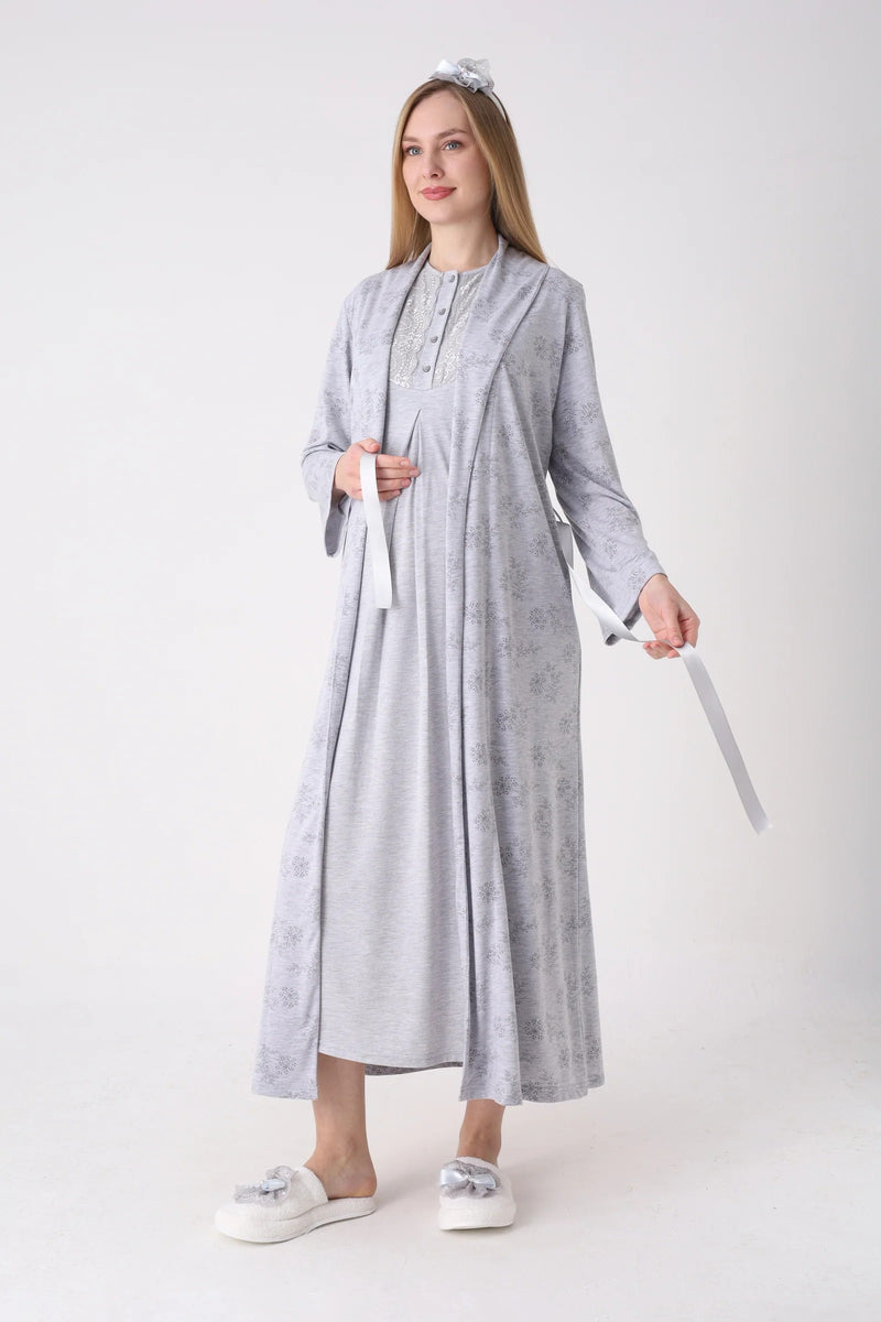 Lace Melange Textured Maternity and Postpartum Nightgown and Robe Set of 26 - 2328