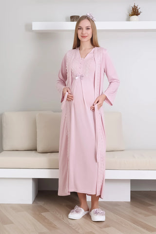 Maternity Nightgown Set with Dressing Gown, V-Neck, Lace Detail, 2-Piece Buttoned Front - 2290