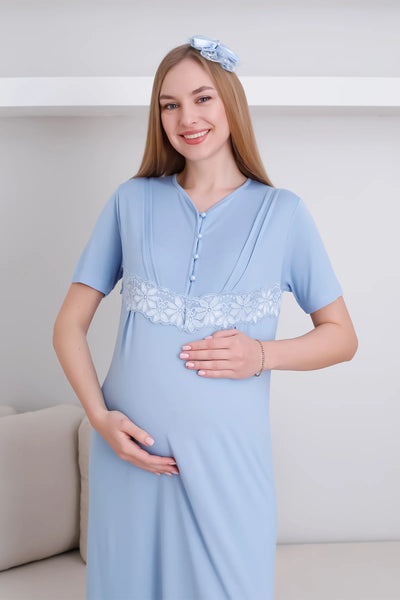 Maternity Nightgown Set Buttoned Front 2-Piece Nightgown and Dressing Gown Set Short Sleeve Nightgown & Long Sleeve Dressing Gown - 2293