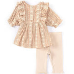 Puffed Sleeve Embroidered Linen-Look Pinafore Dress & Ribbed Capri Leggings Set 12228